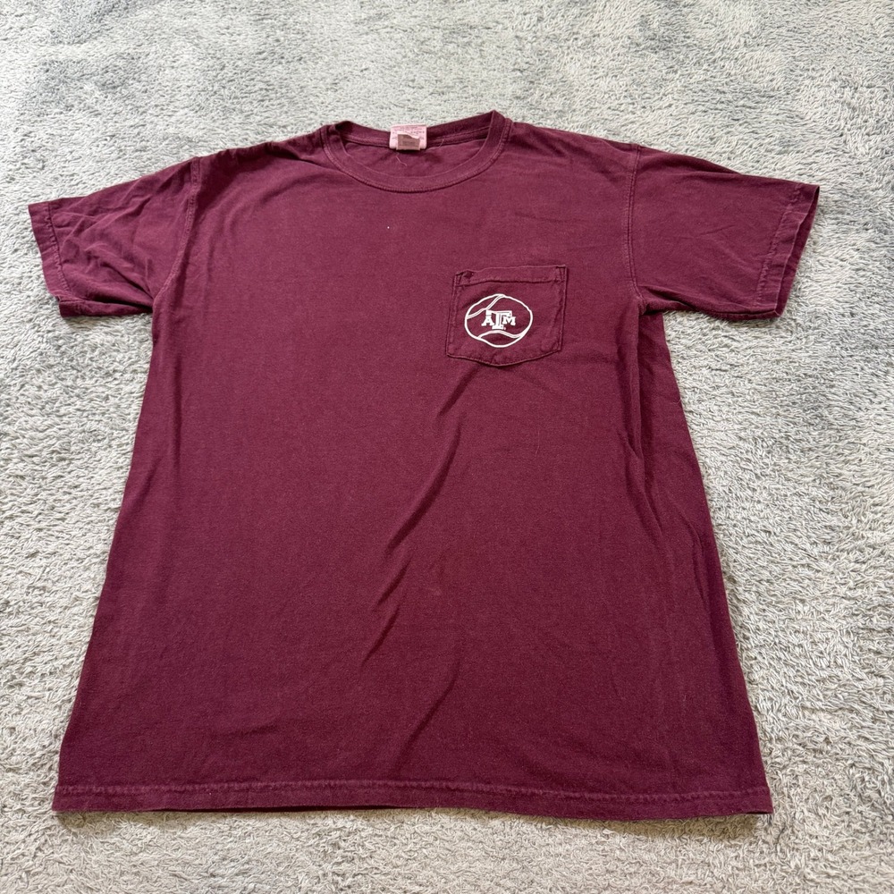 Comfort Colors Men Texas A&M Tennis Pocket T-Shirt Medium Maroon Cotton Graphic